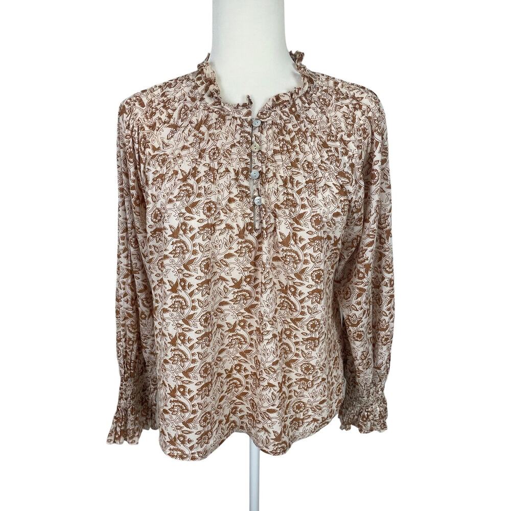 Cleobella Cotton Reza Blouse Floral Tamil Block Brown Size M Cottage Boho Chic